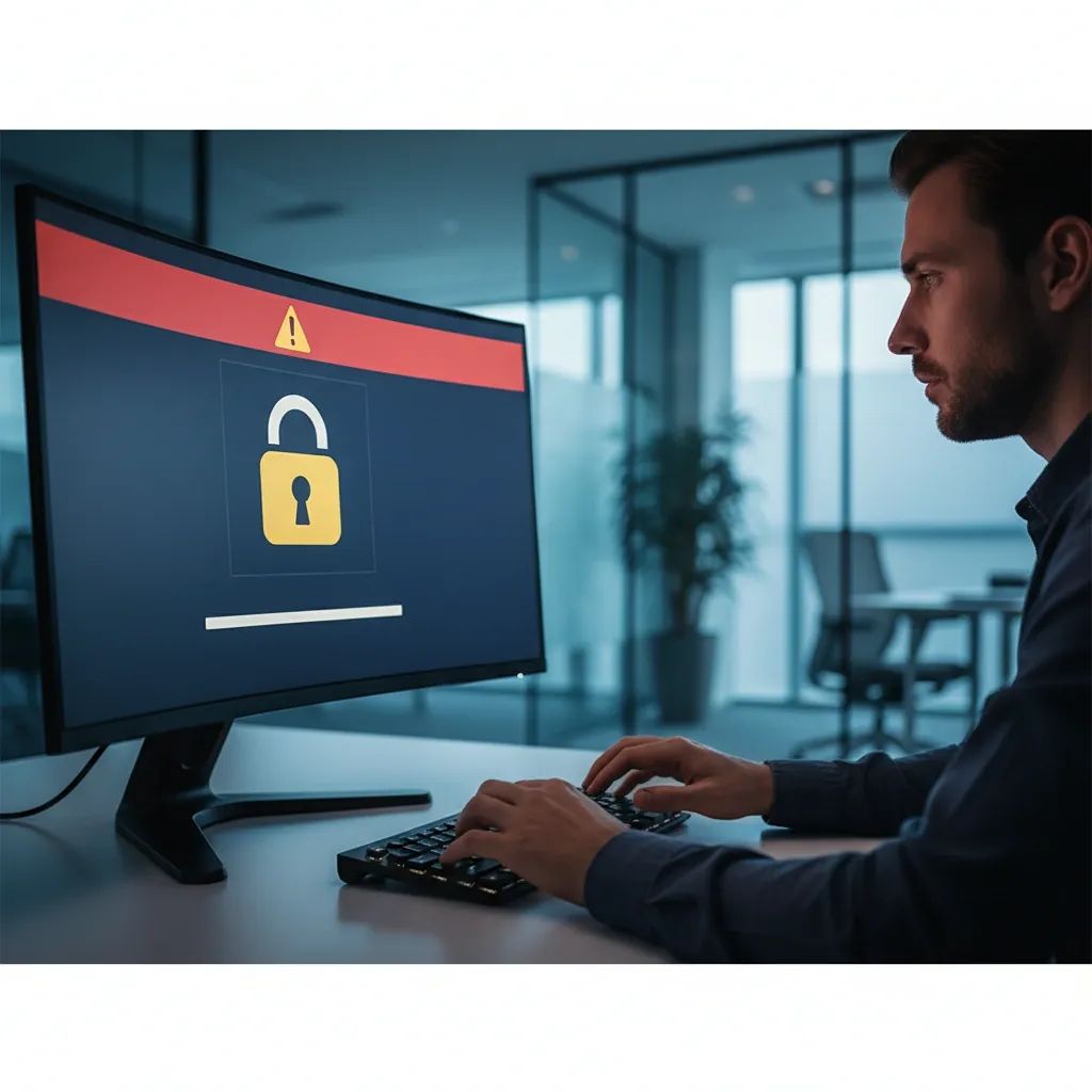 Computer screen showing security warning alert with padlock icon and urgent notification banner