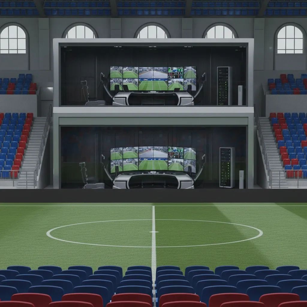 Italian football stadium with VAR control room, representing referee scandal investigation