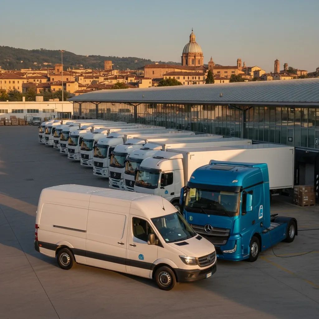 Modern electric delivery vans and commercial trucks at an Italian logistics facility showcasing fleet renewal incentives