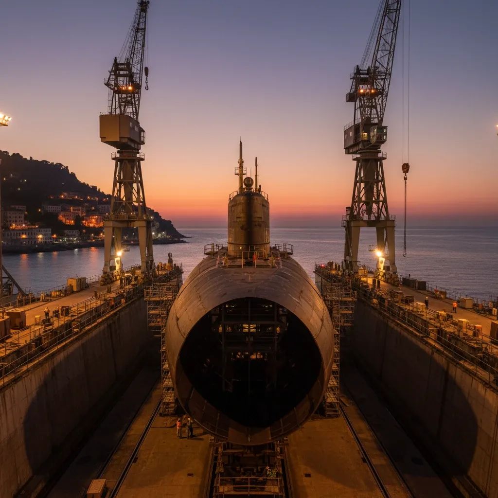 Wide view of Italian shipyard building a submarine in a dry dock with cranes and workers at dusk
