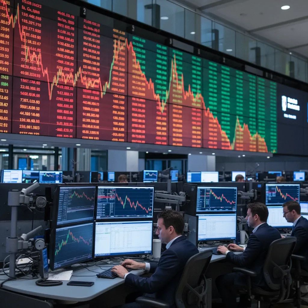 Trading floor with declining stock market charts and financial data screens