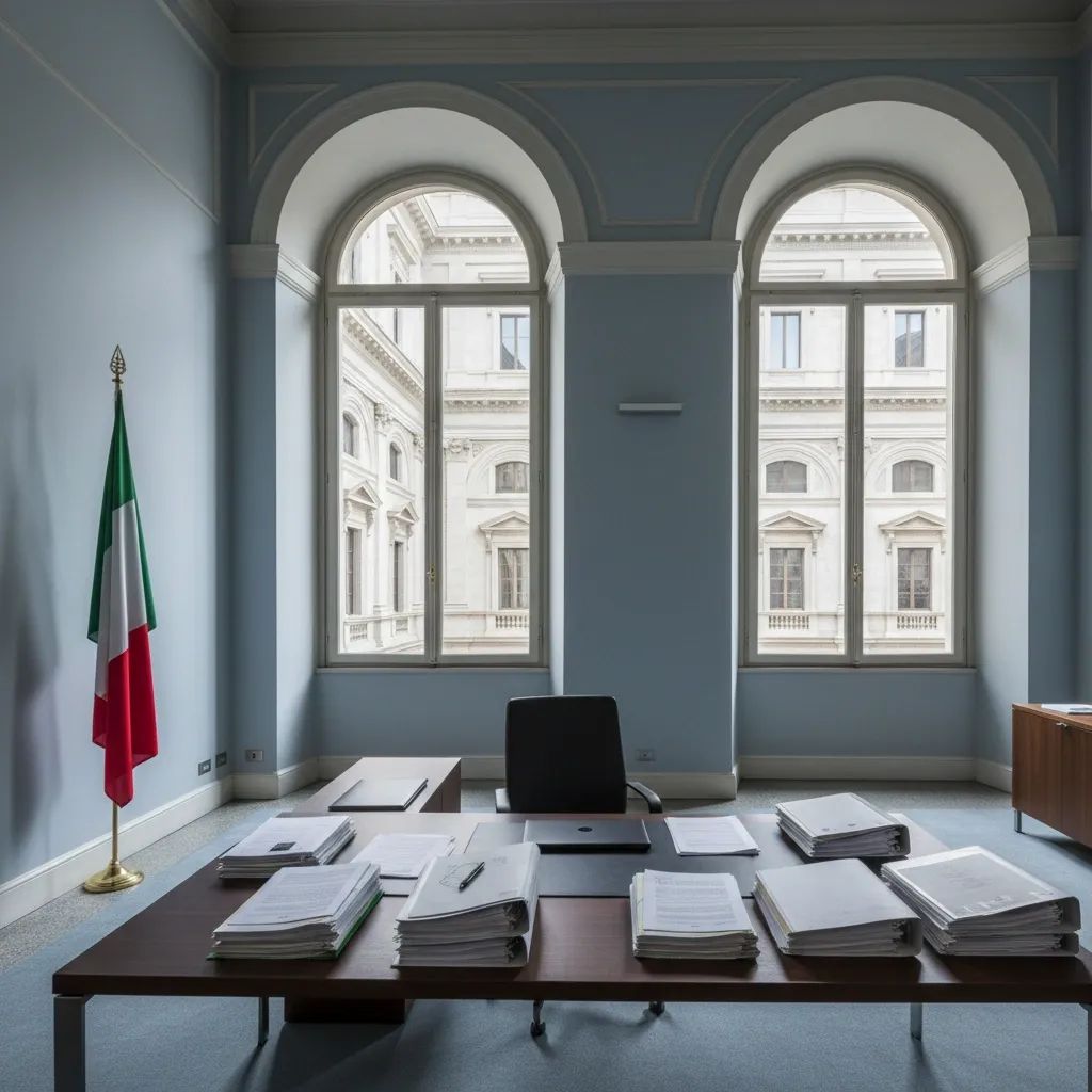 Italian government building interior with administrative documents and formal office setting