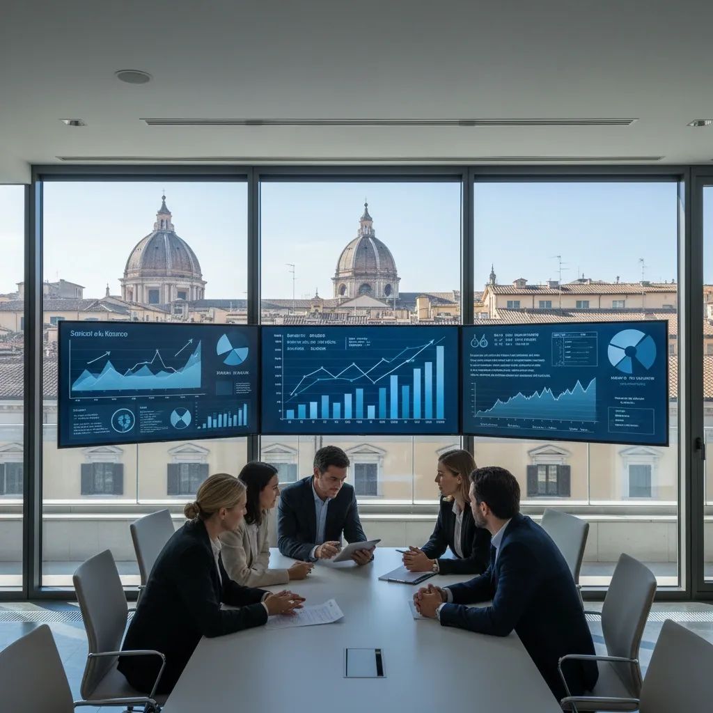 Banking office with financial charts and Italian cityscape, representing Italy's higher lending rates