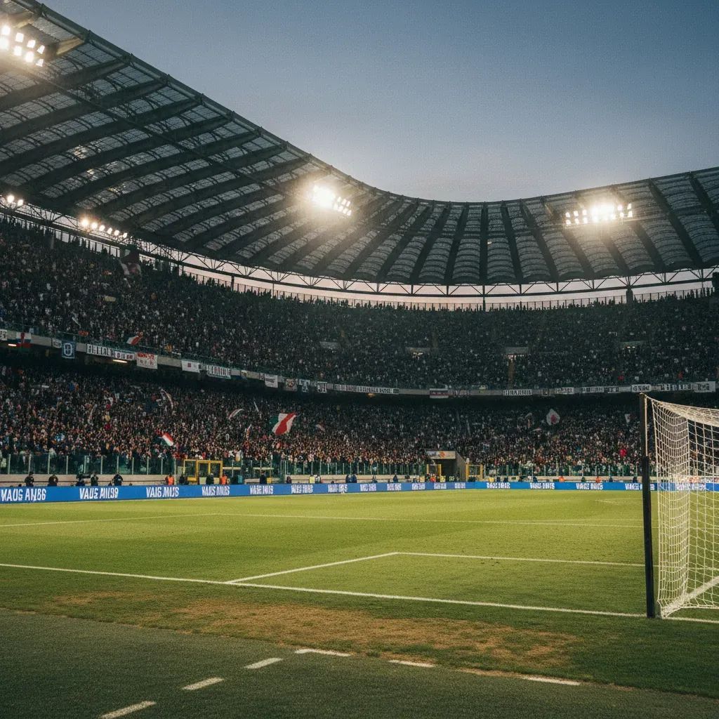 Italian football stadium with fans during a match, showing the pitch and crowd atmosphere during an international game