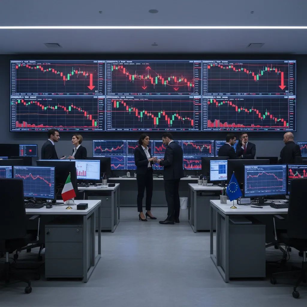 Financial trading floor with red market indicators and downward trend charts during market volatility