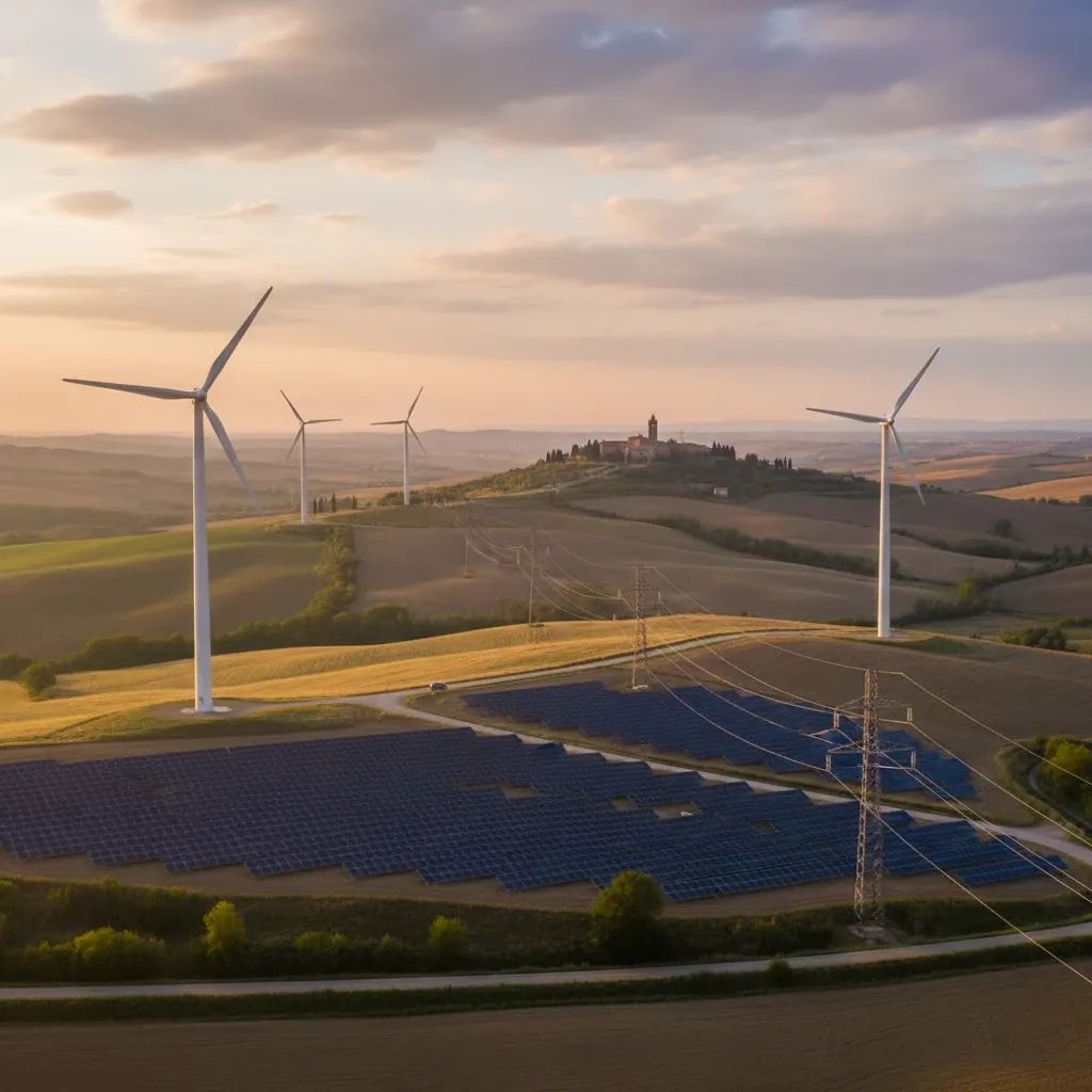 Modern renewable energy infrastructure and wind turbines representing Italy's energy utility investment and bill relief policy