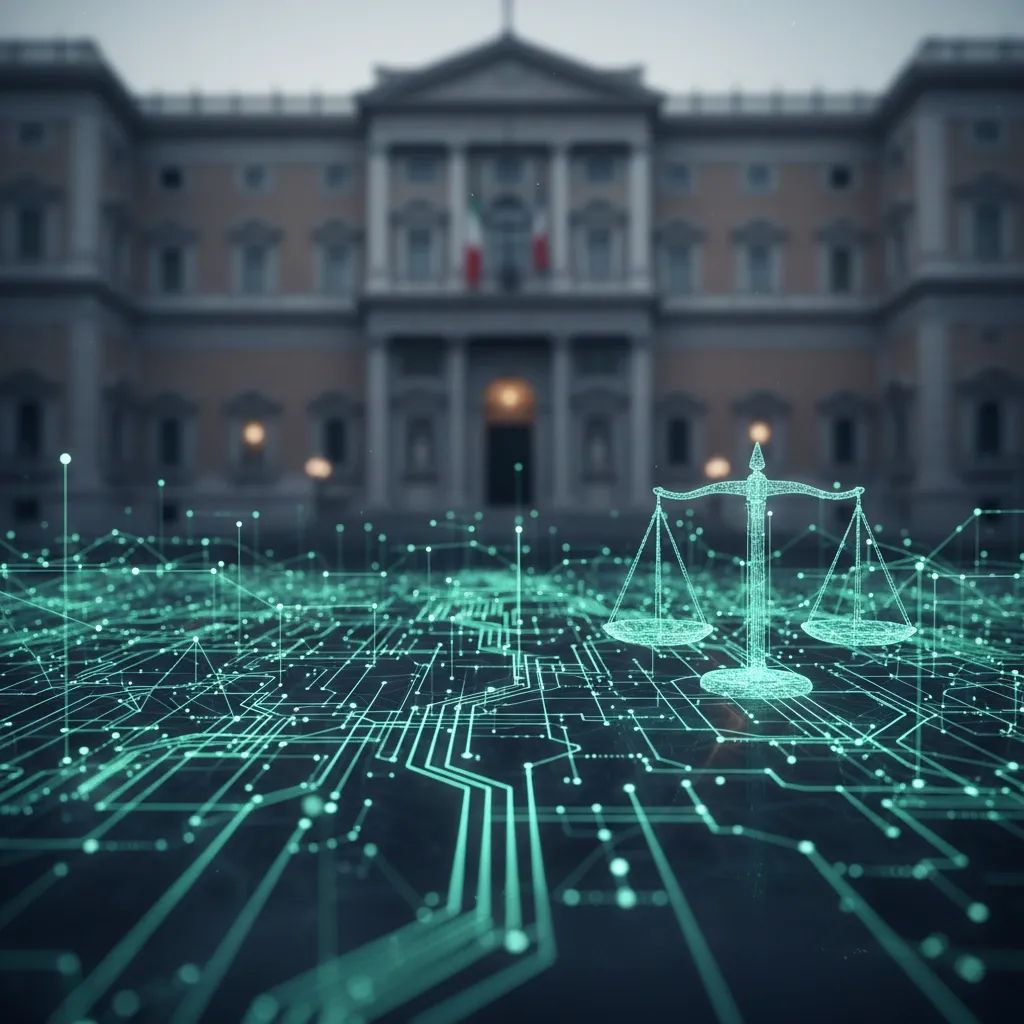 Abstract digital networks and justice scales representing Italy's antitrust enforcement action
