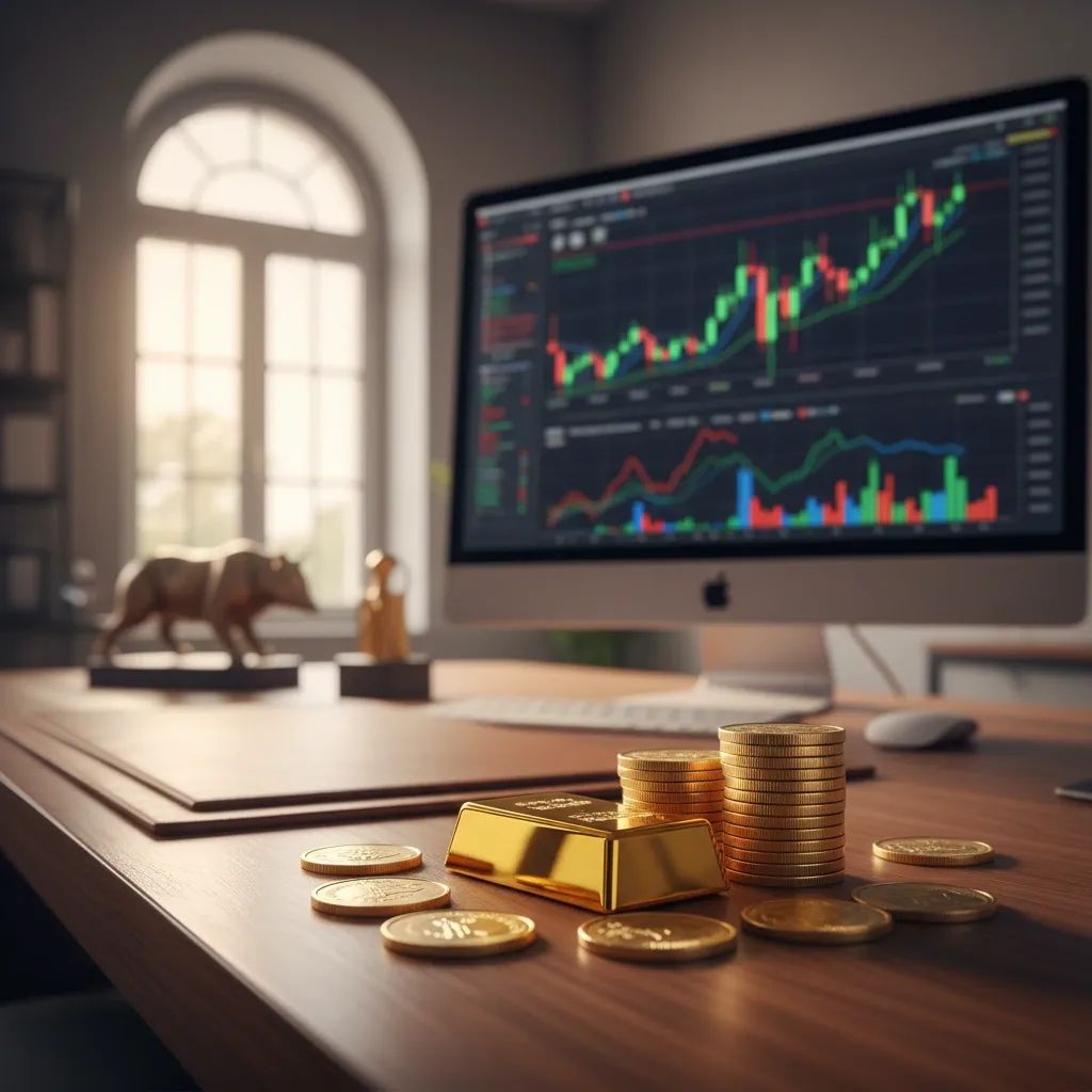 Gold coins and bullion bars displayed with financial market charts on computer screen