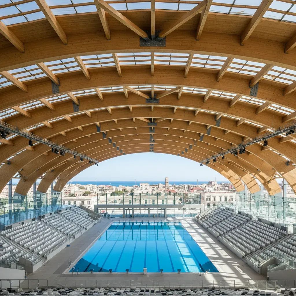 Modern Olympic-grade swimming stadium with timber roof structure completed in Taranto for Mediterranean Games