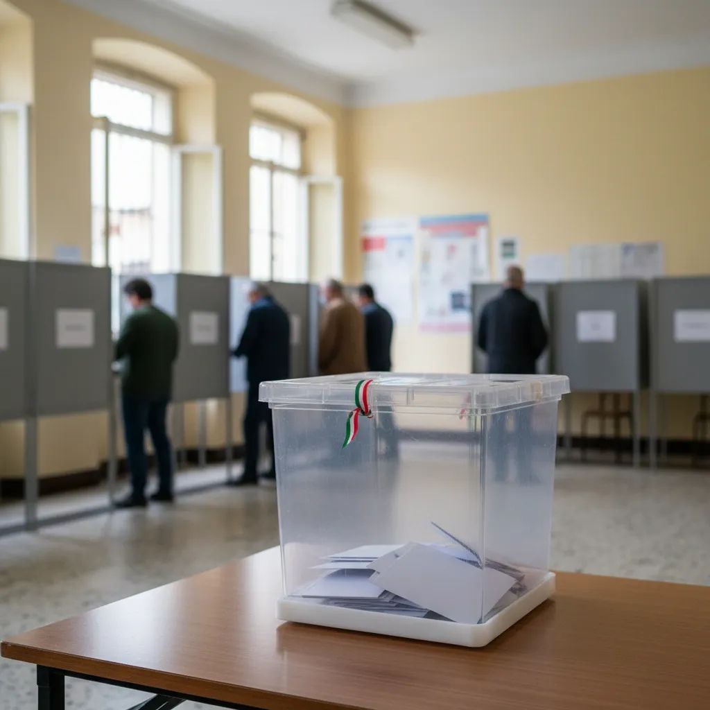 Ballot box with Italian tricolour ribbon inside a municipal polling station, symbolising upcoming local elections