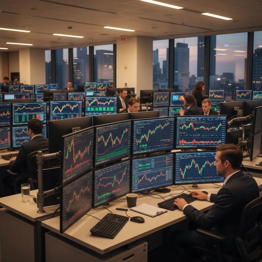Trading floor with financial professionals monitoring market data and stock charts during Milan stock exchange session