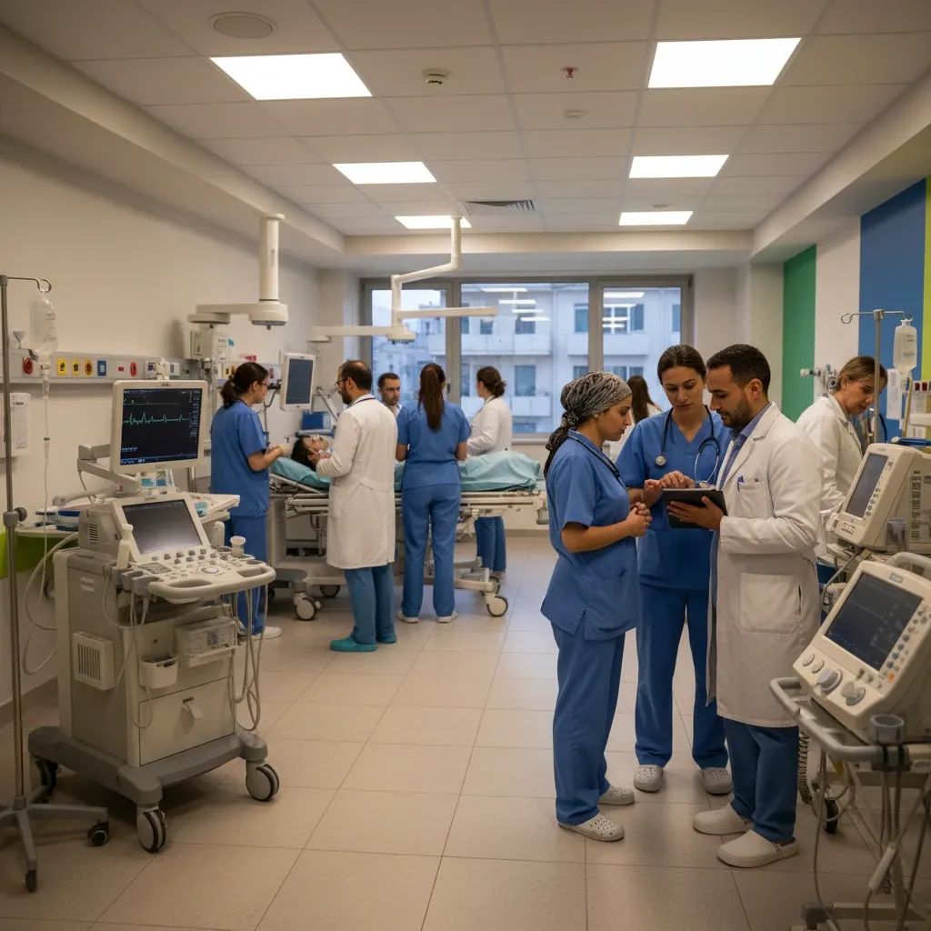 Healthcare professionals working in a modern hospital emergency department setting