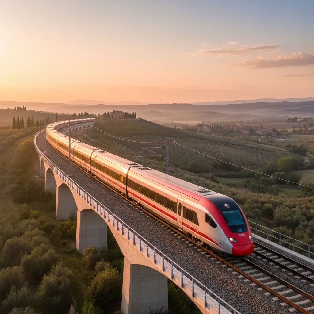 High-speed train crosses upgraded Italian rail line through countryside at sunrise