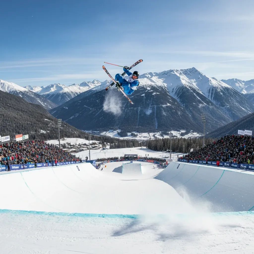 Freestyle skier performing aerial trick in snowy halfpipe at Livigno with Alpine mountains in background