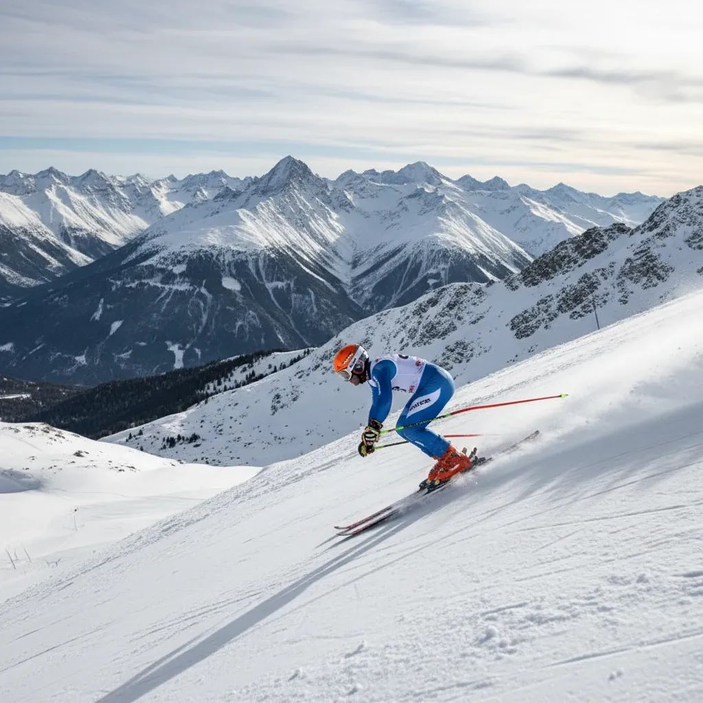 Alpine downhill skier racing on steep snowy mountain course with peaks visible in background