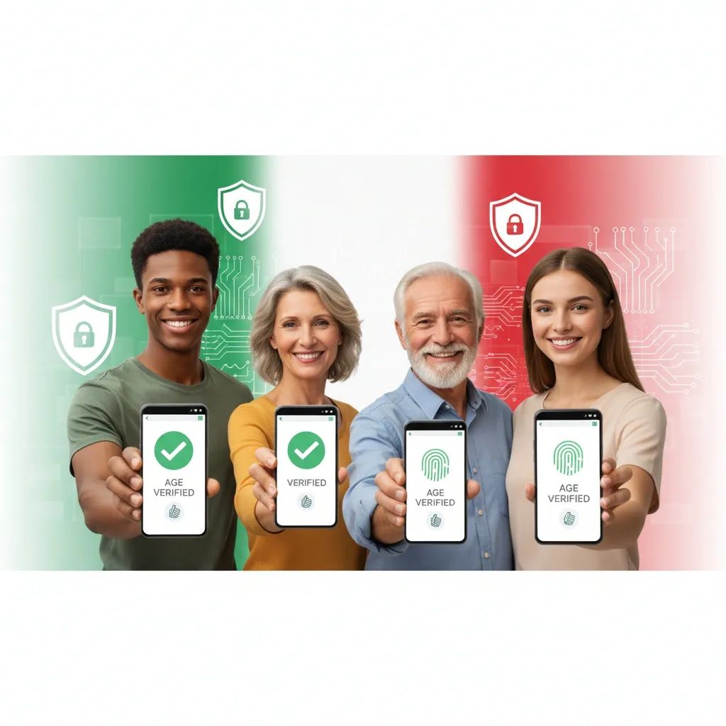 People verifying age with EU digital app on smartphones, Italian color accent background