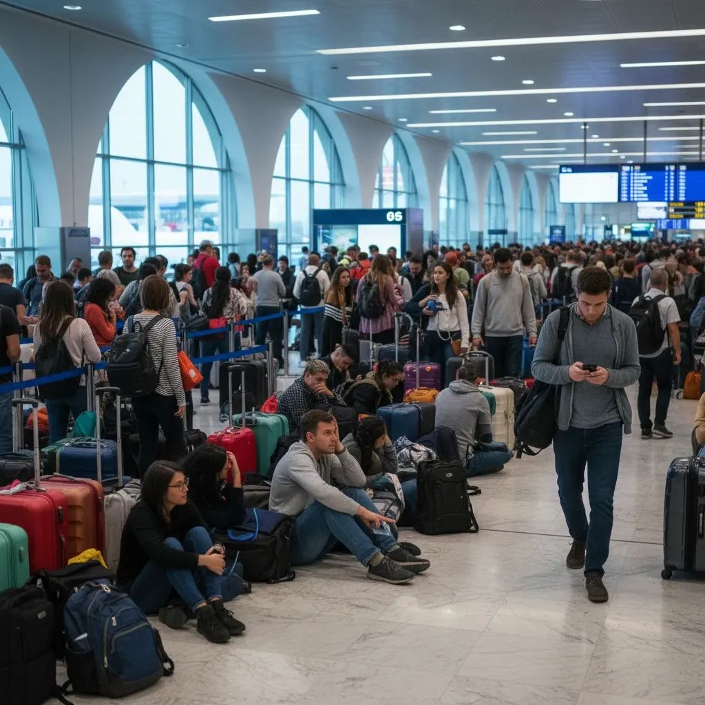 Stranded passengers waiting in Dubai airport terminal during crisis evacuation