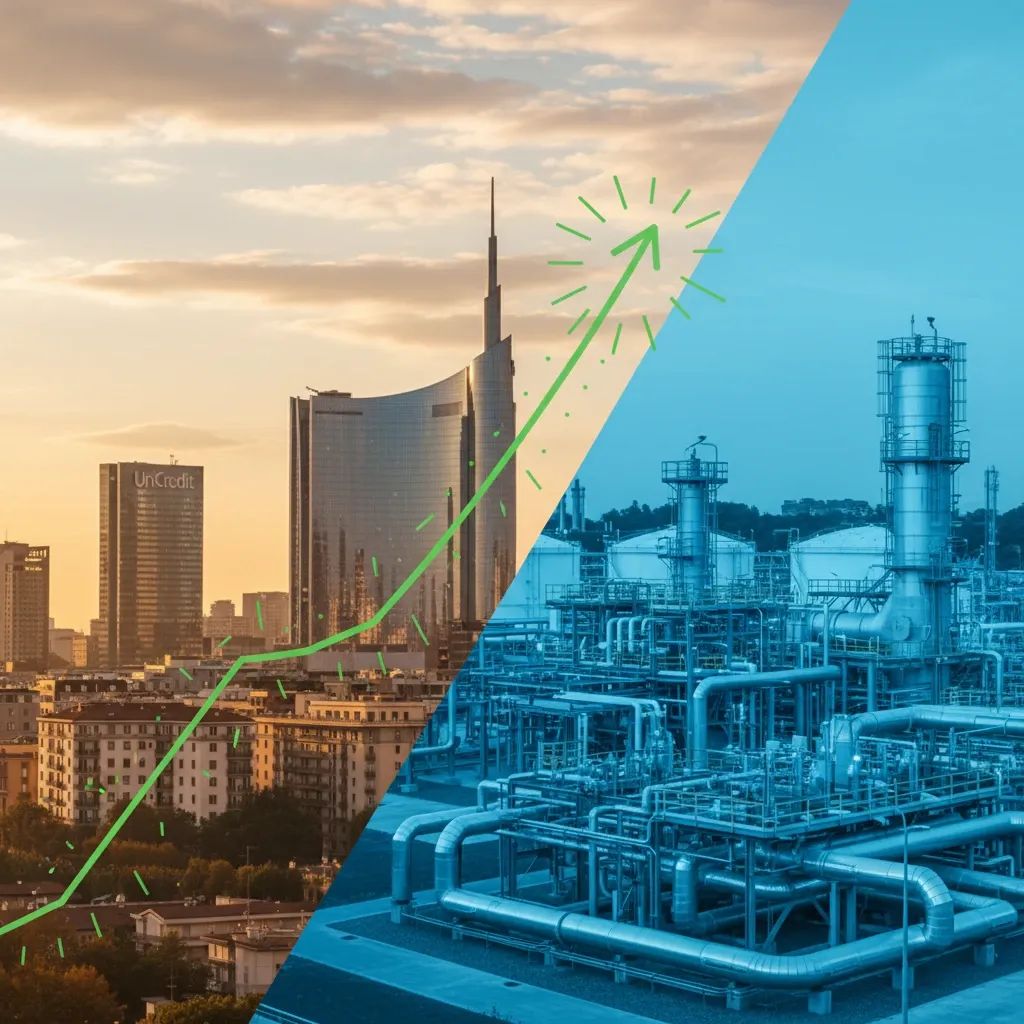 Milan skyline with upward stock chart symbolizing market rally and energy price relief for Italy