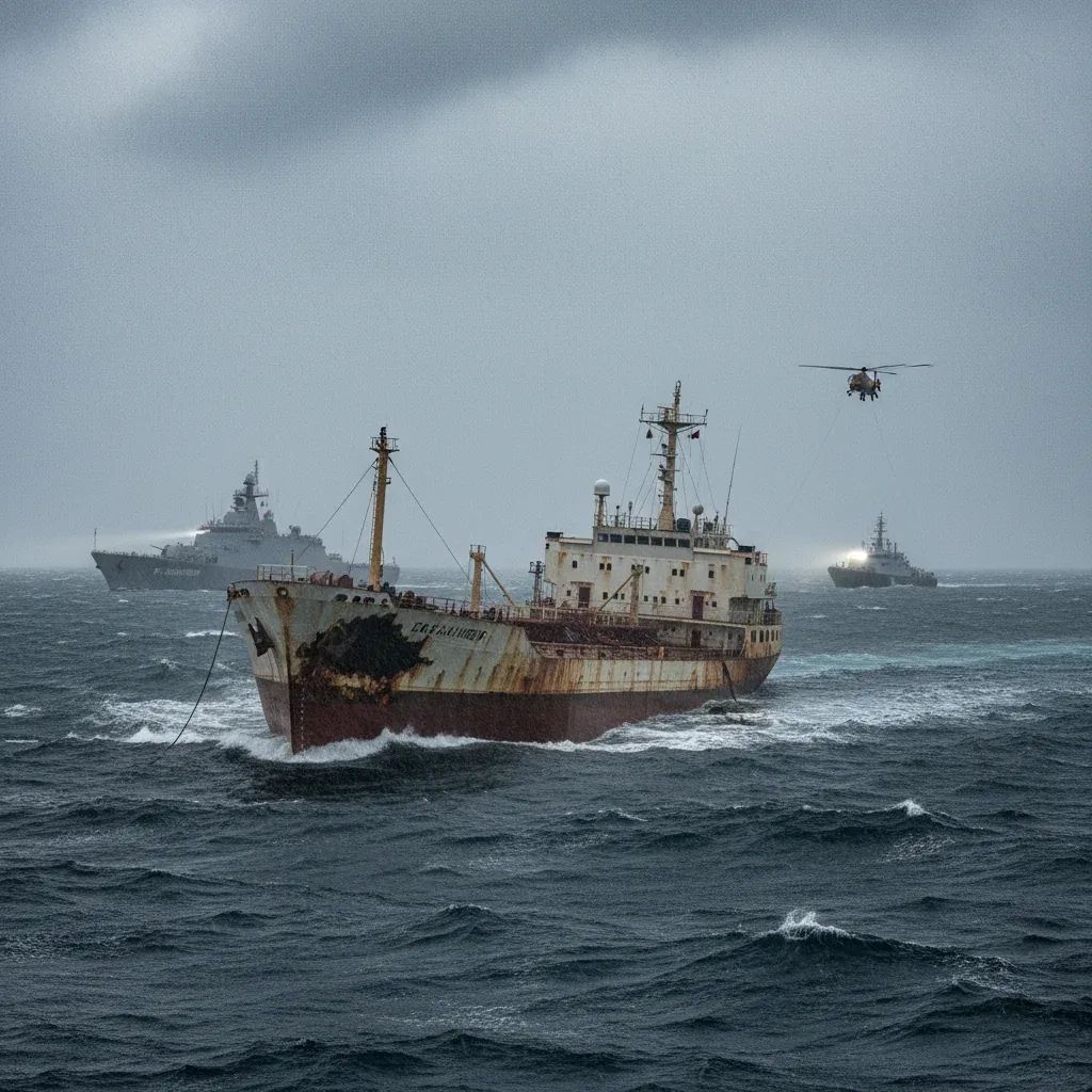 Damaged Russian LNG tanker Arctic Metagaz drifting in Mediterranean Sea near Sicily with Italian Navy vessels responding to environmental crisis