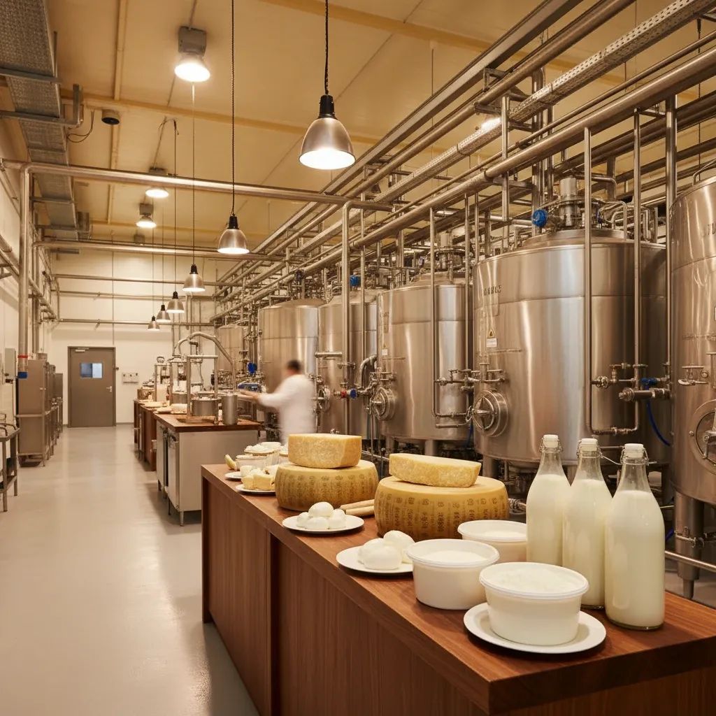 Modern Italian dairy processing facility with stainless steel equipment and milk production tanks