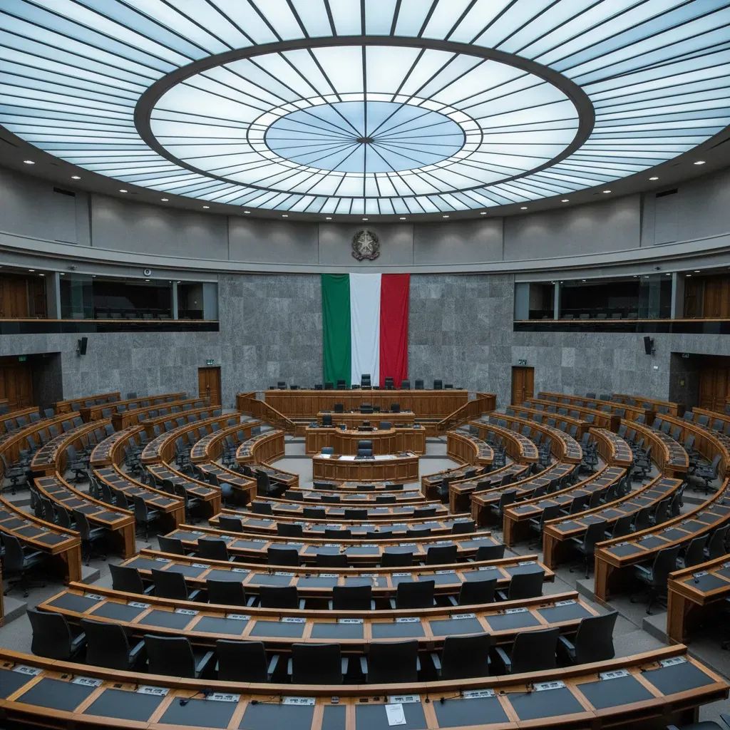 Empty Italian Senate chamber with formal legislative setting and national flag visible