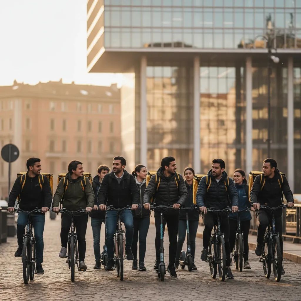 Delivery riders on scooters and bikes in Milan with judicial building in background, representing labor rights victory
