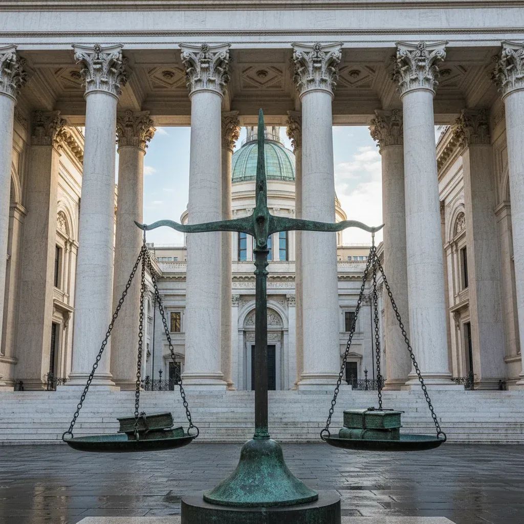 Italian courthouse with justice scales symbolizing upcoming judicial reform referendum
