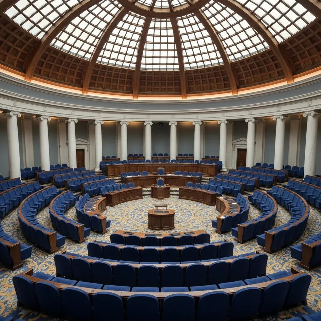 Italian Parliament chamber interior showing parliamentary seating during legislative session