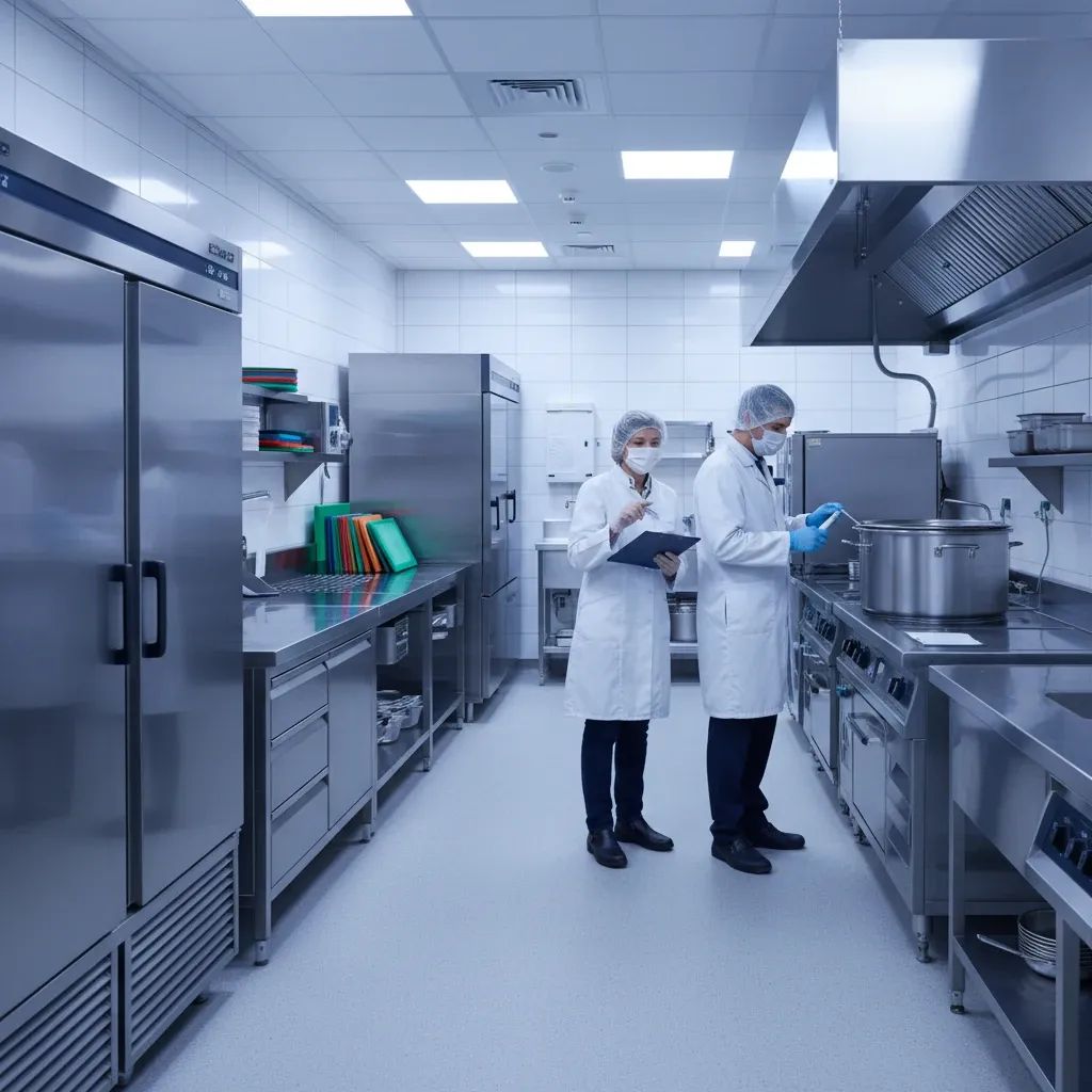 Modern hospital kitchen with food preparation surfaces and hygiene equipment during inspection
