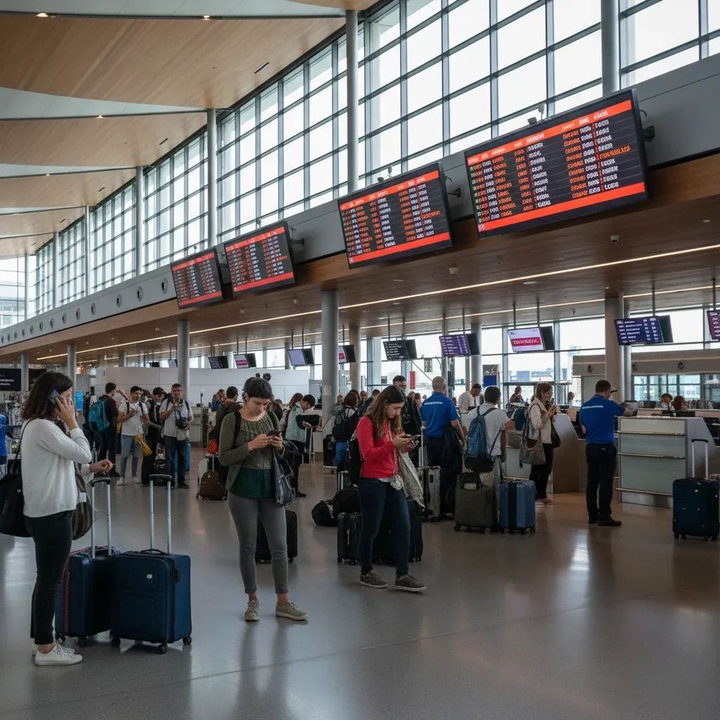 Airport terminal with travelers reviewing flight information displays during a strike disruption
