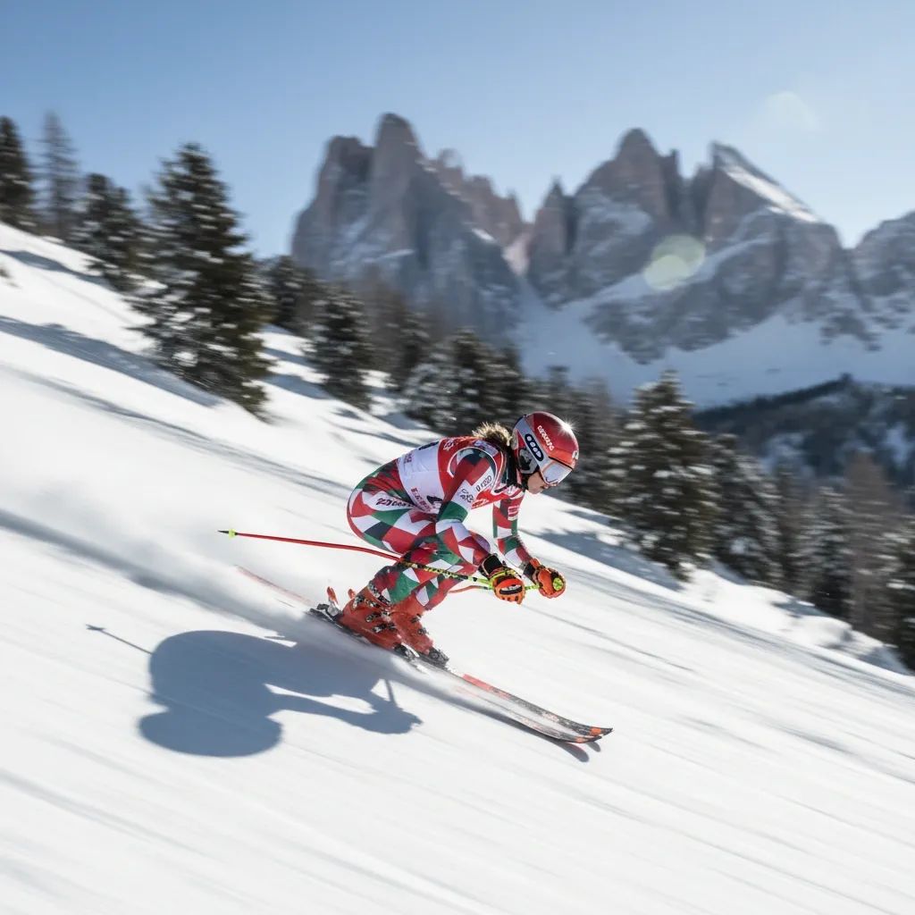 Alpine skier racing down snowy mountain slope in SuperG competition with professional technique