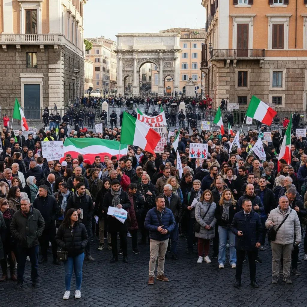Italian Liberation Day march with diverse participants carrying flags and banners on urban street