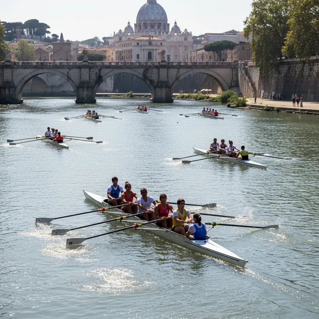 Diverse rowing athletes competing in boats on Rome's Tiber river during Special Olympics international meeting