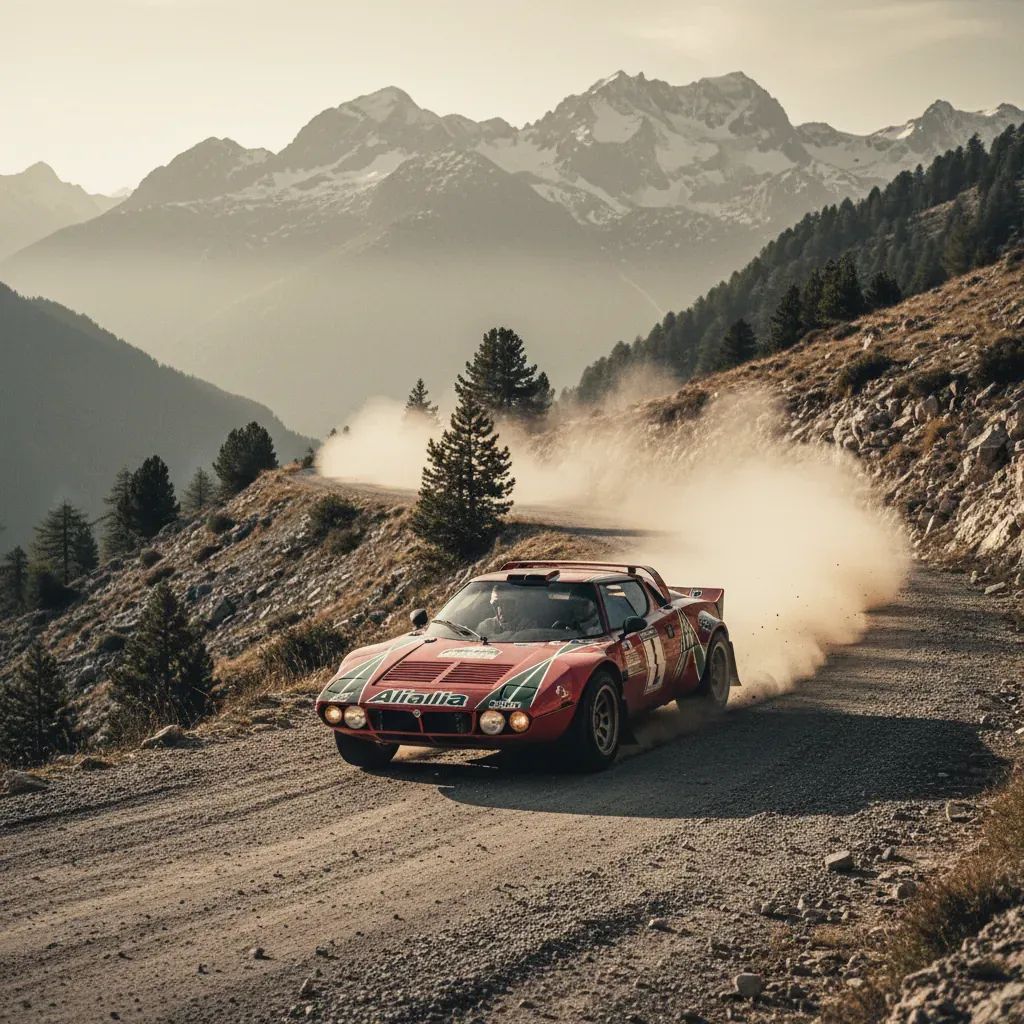 Vintage Lancia rally car cornering on Alpine mountain pass, iconic 1970s motorsport imagery