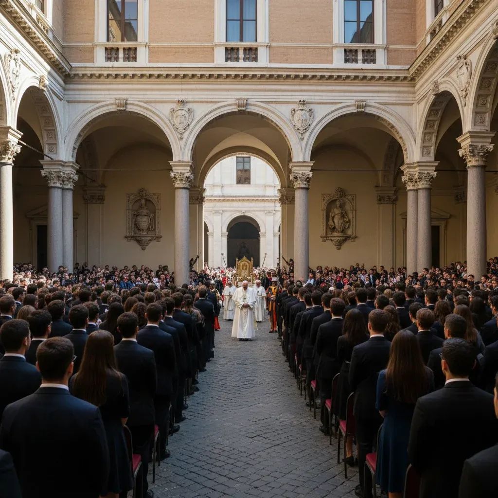 Pope Leo XIV's papal visit to La Sapienza university campus in Rome with students and faculty gathered