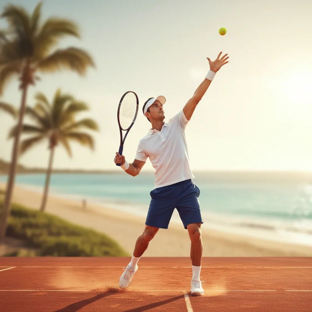 Professional tennis player executing a serve during ATP tournament on clay court