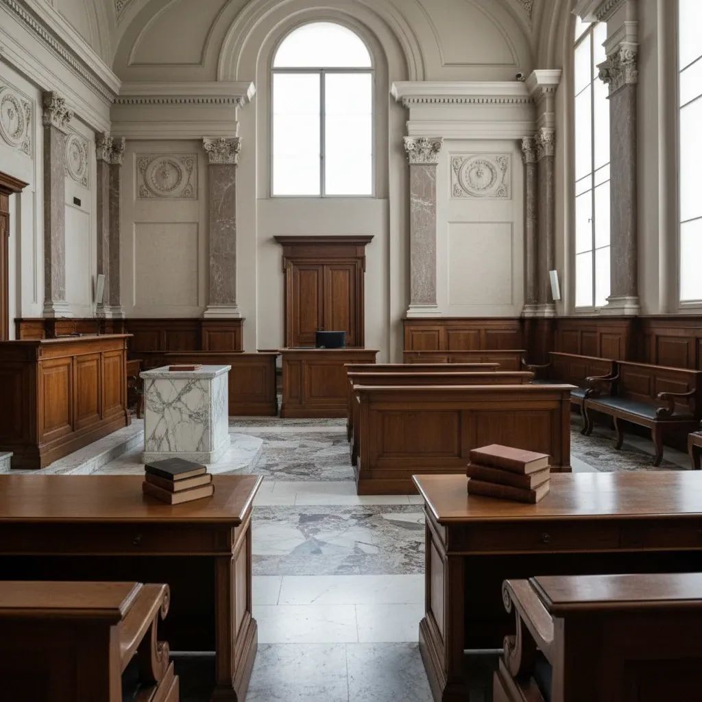 Interior of Italian courthouse with formal courtroom architecture and natural lighting