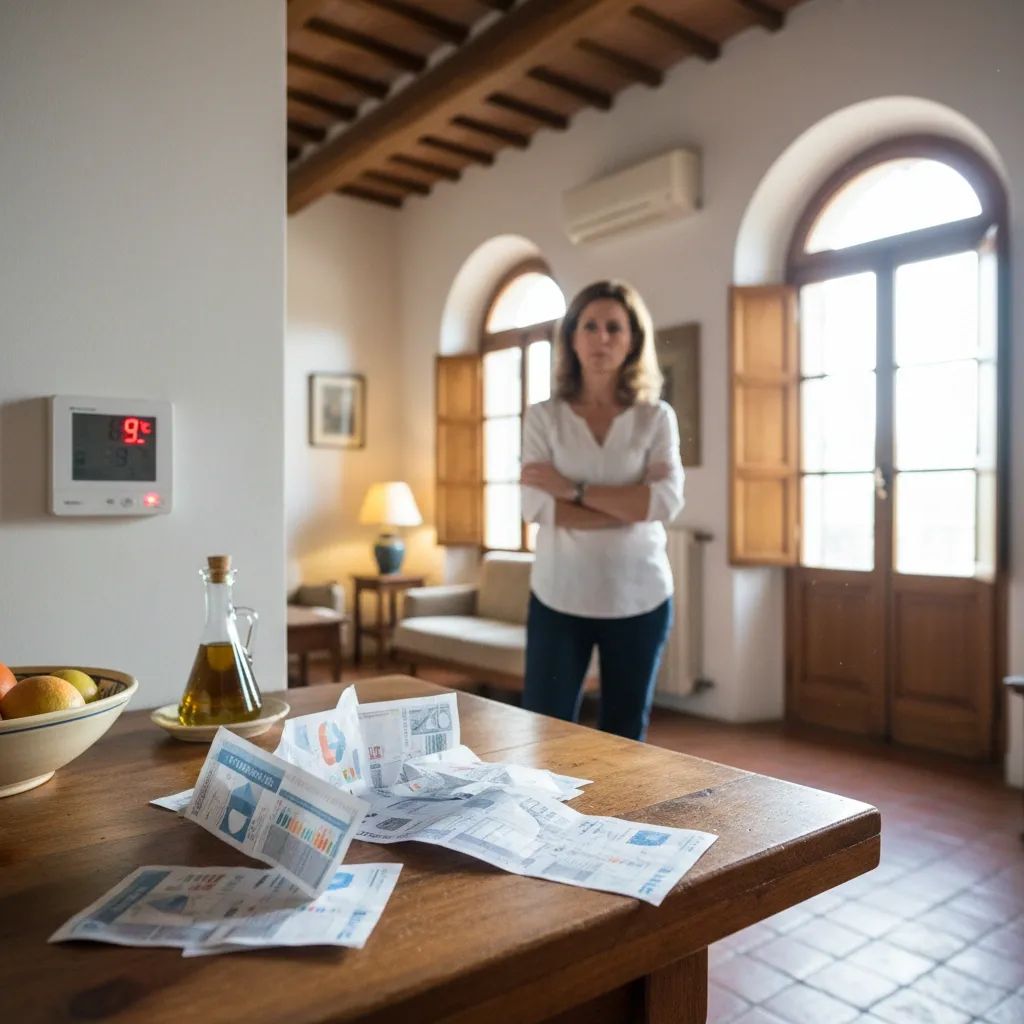 Italian household bills and heating thermostat representing rising energy costs