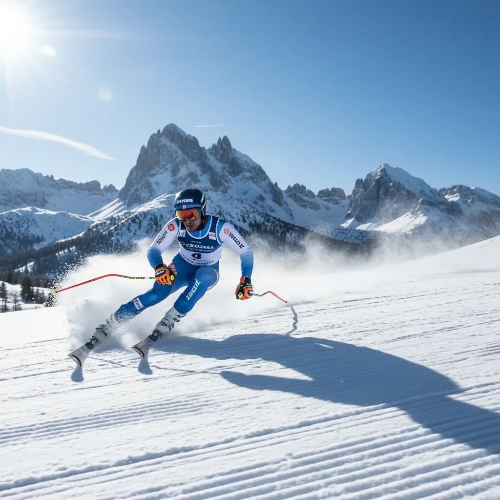 Italian alpine skier racing down a snowy Dolomite slope in bright winter sunlight