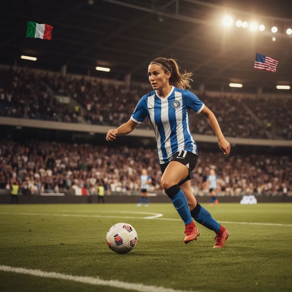 Female soccer player in action during professional match with stadium crowd in background