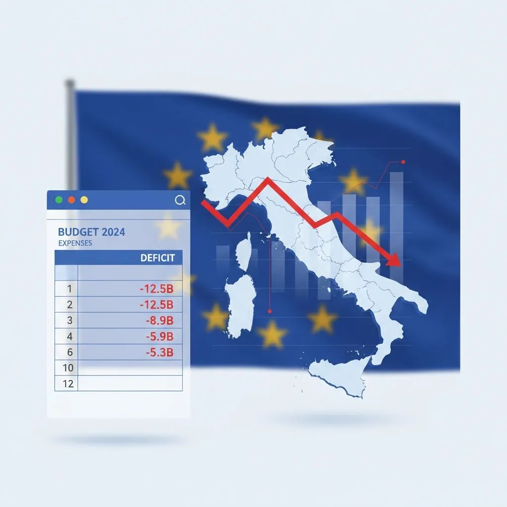 Italy's fiscal deficit data visualization with budget numbers and EU regulatory oversight symbols