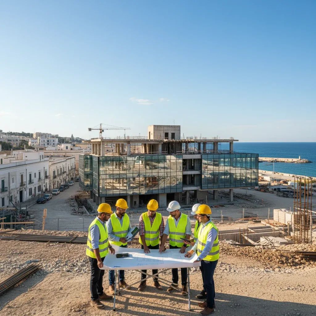 International construction workers and engineers on a modern building site in Bari, Southern Italy, with Mediterranean cityscape and contemporary construction framework visible