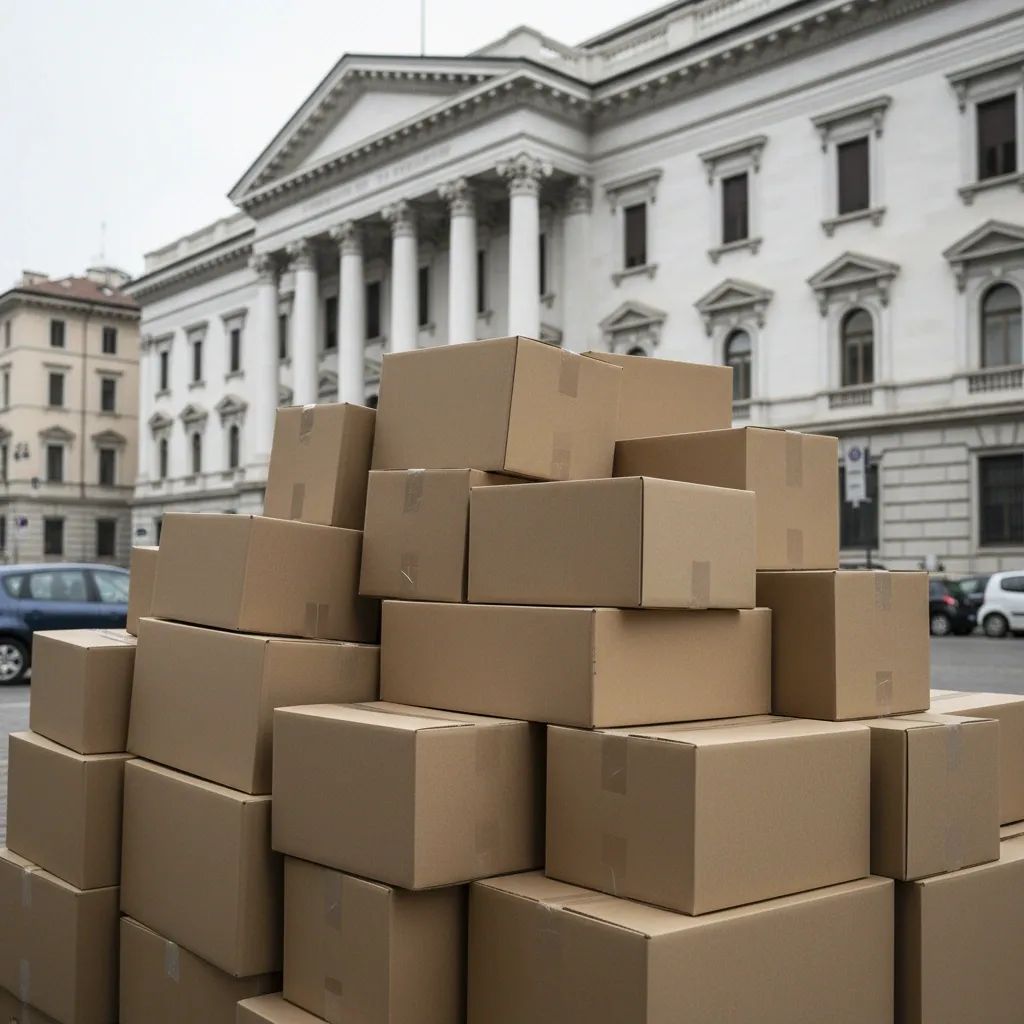 Unbranded delivery boxes stacked before Milan courthouse, illustrating Amazon tax probe impact