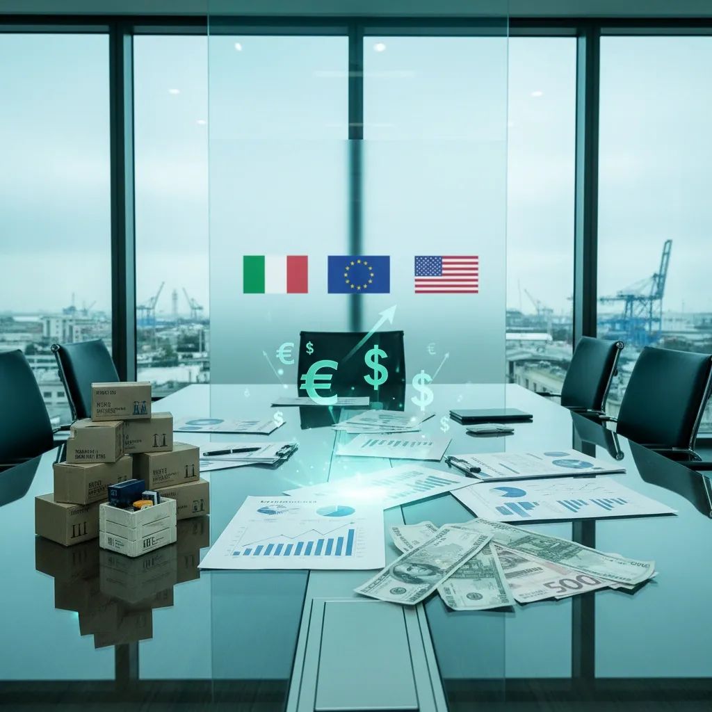 Business documents and international trade symbols representing U.S.-Italy tariff policies