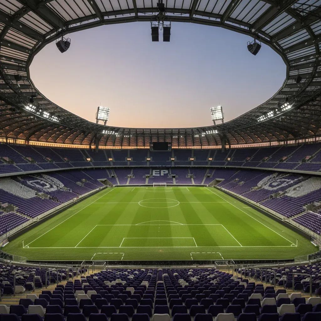 Empty football stadium with purple-colored seating at Artemio Franchi Stadium in Florence