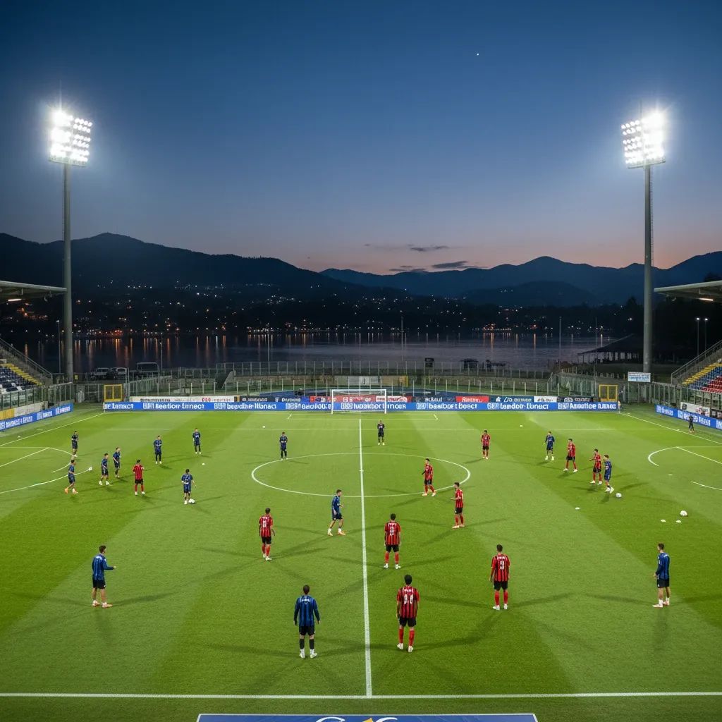 Football teams preparing for Coppa Italia semifinal match in Italian stadium under evening lights