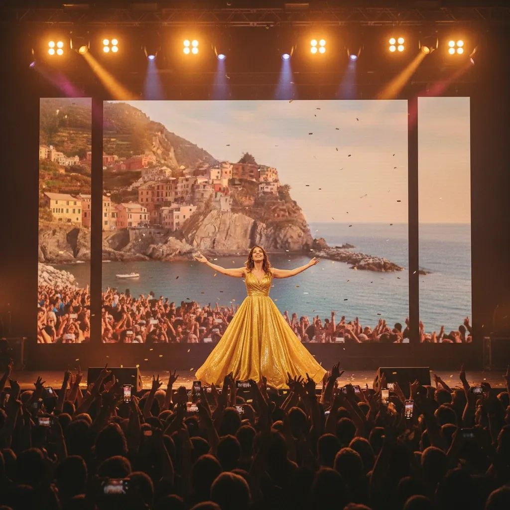 Laura Pausini performing in yellow gown on Sanremo stage during record-breaking third night broadcast