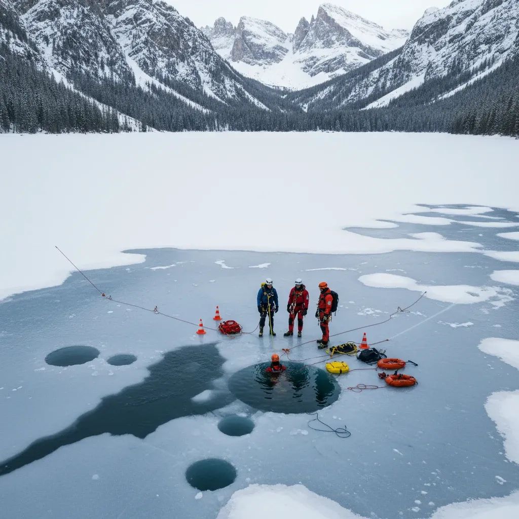 Aerial view of frozen Lake Anterselva with ice holes and safety crew preparing for under-ice apnea record attempt
