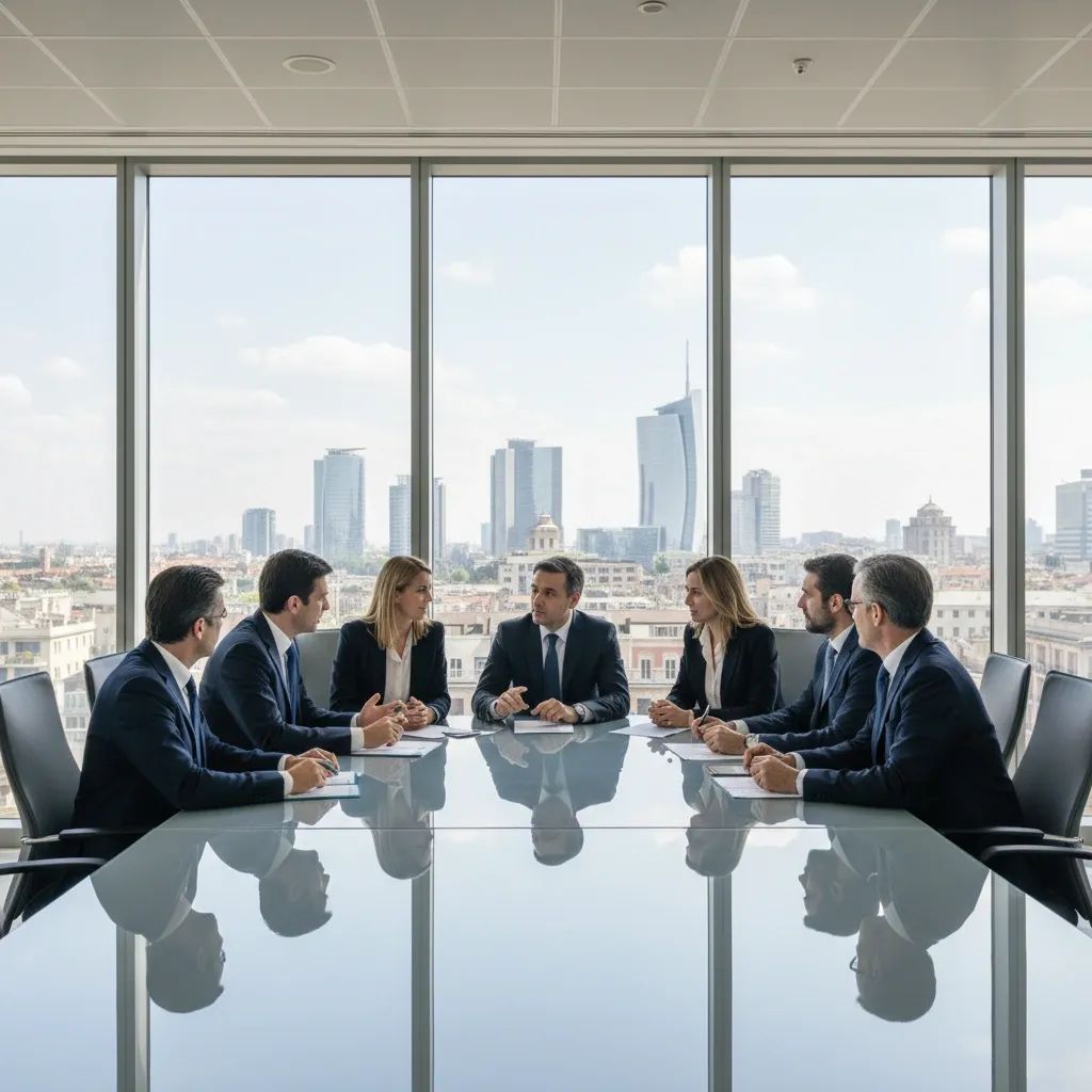 Corporate boardroom with diverse professionals in business meeting, representing governance and shareholder representation