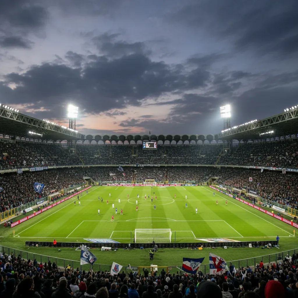 Evening Serie A match in a packed Italian stadium, fans filling brightly lit stands